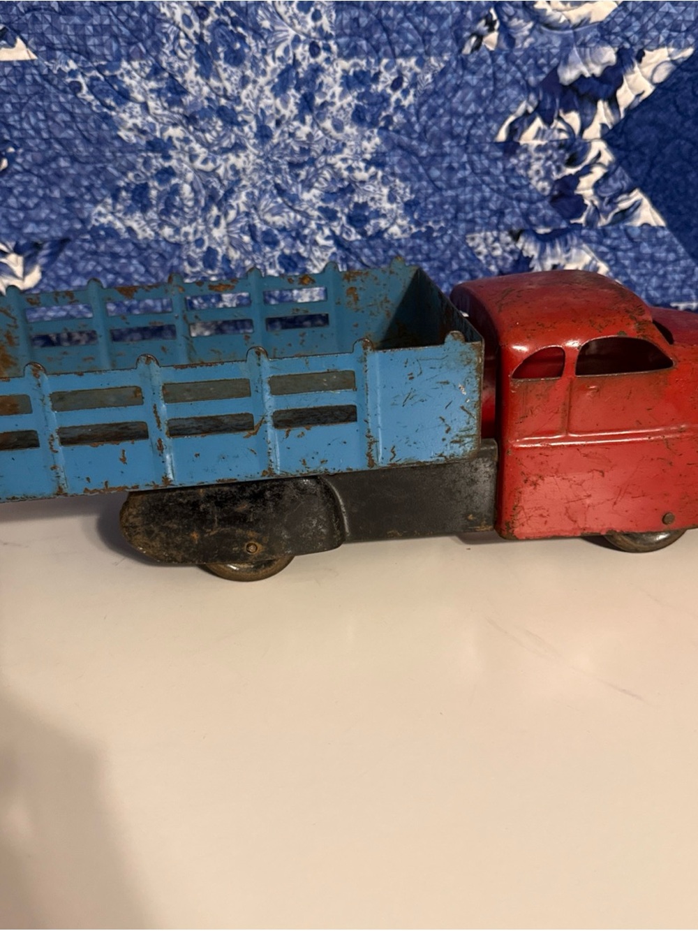 Antique Red and Blue Metal Toy Truck